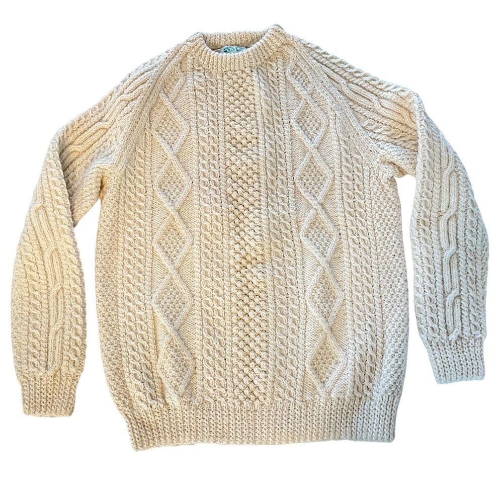 Shab Hag Vintage Irish Hand Knit Wool Sweater Men’s L Cream Fisherman Cable